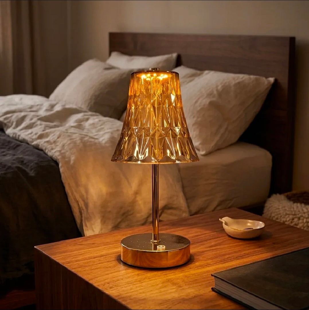 Rechargeable LED Table Lamp with Acrylic Crystal Shade – 3 Color Modes, Elegant Golden Finish