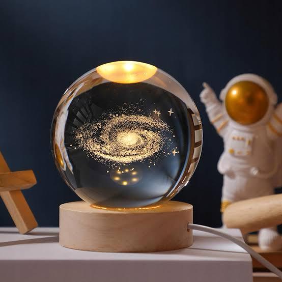 3D Crystal Ball LED Lamp with Wooden Base – Moon, Galaxy, Saturn & Astronaut Designs