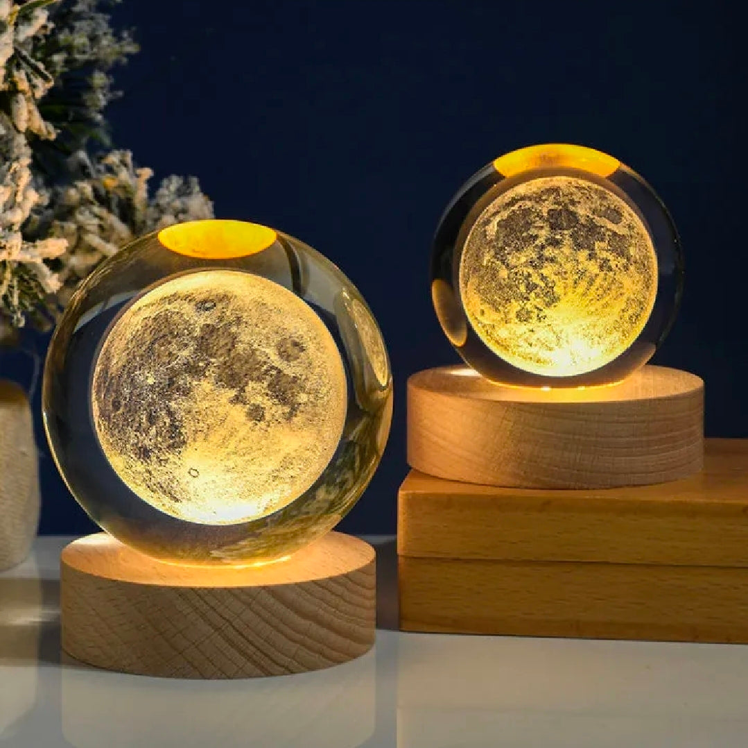 3D Crystal Ball LED Lamp with Wooden Base – Moon, Galaxy, Saturn & Astronaut Designs