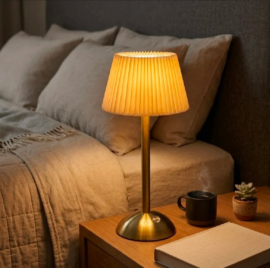 Luxury Pleated Table Lamp with Gold Metal Base – Touch Control Rechargeable Ambient Light (3 Modes)