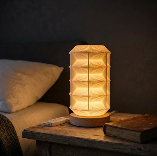 Modern Pleated Bedside Lamp | Wooden Base, 3-Mode Dimmable Ambient Light