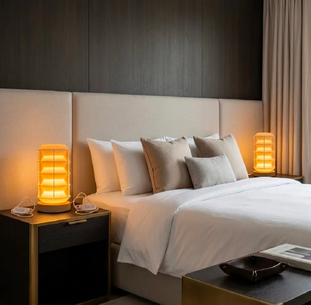 Modern Pleated Bedside Lamp | Wooden Base, 3-Mode Dimmable Ambient Light