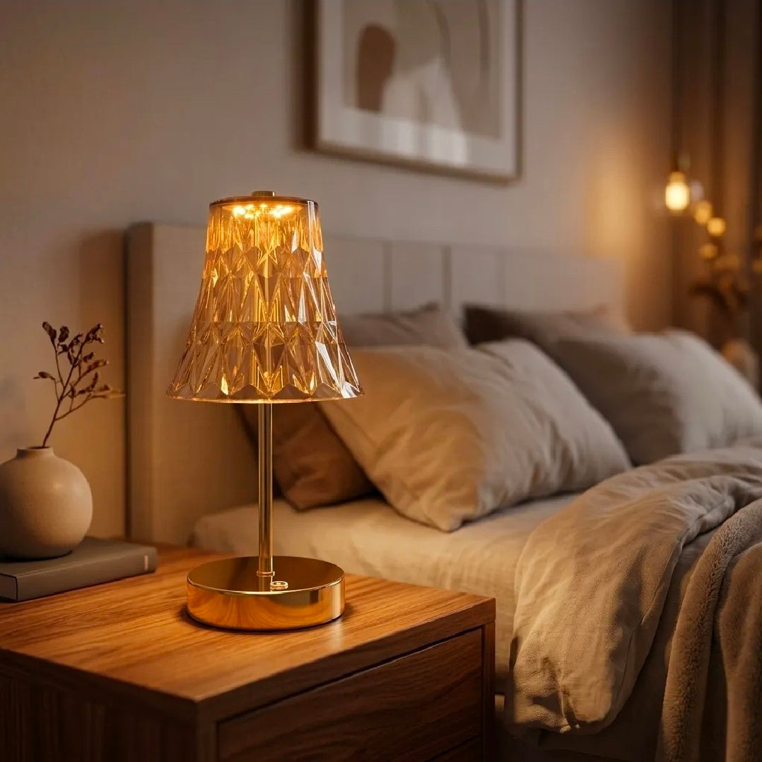 Rechargeable LED Table Lamp with Acrylic Crystal Shade – 3 Color Modes, Elegant Golden Finish