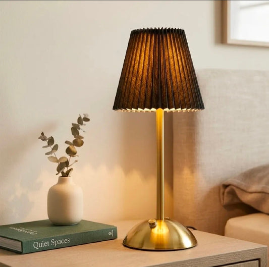 Luxury Pleated Table Lamp with Gold Metal Base – Touch Control Rechargeable Ambient Light (3 Modes)