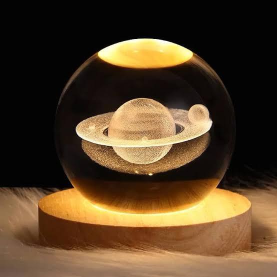 3D Crystal Ball LED Lamp with Wooden Base – Moon, Galaxy, Saturn & Astronaut Designs