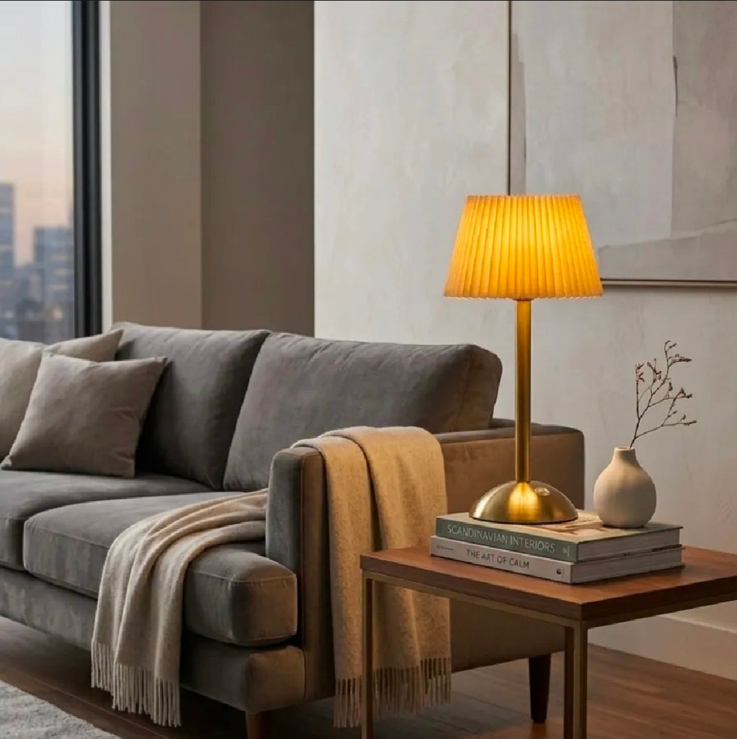 Luxury Pleated Table Lamp with Gold Metal Base – Touch Control Rechargeable Ambient Light (3 Modes)