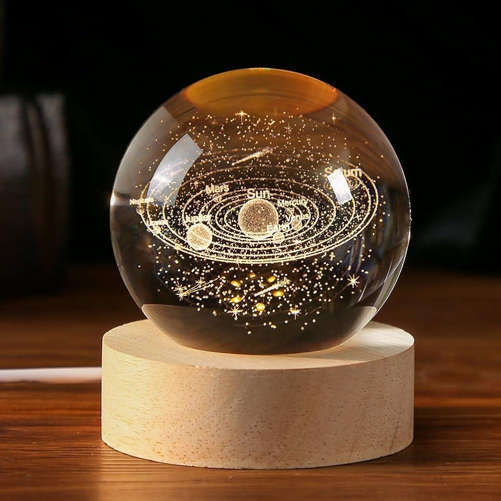 3D Crystal Ball LED Lamp with Wooden Base – Moon, Galaxy, Saturn & Astronaut Designs