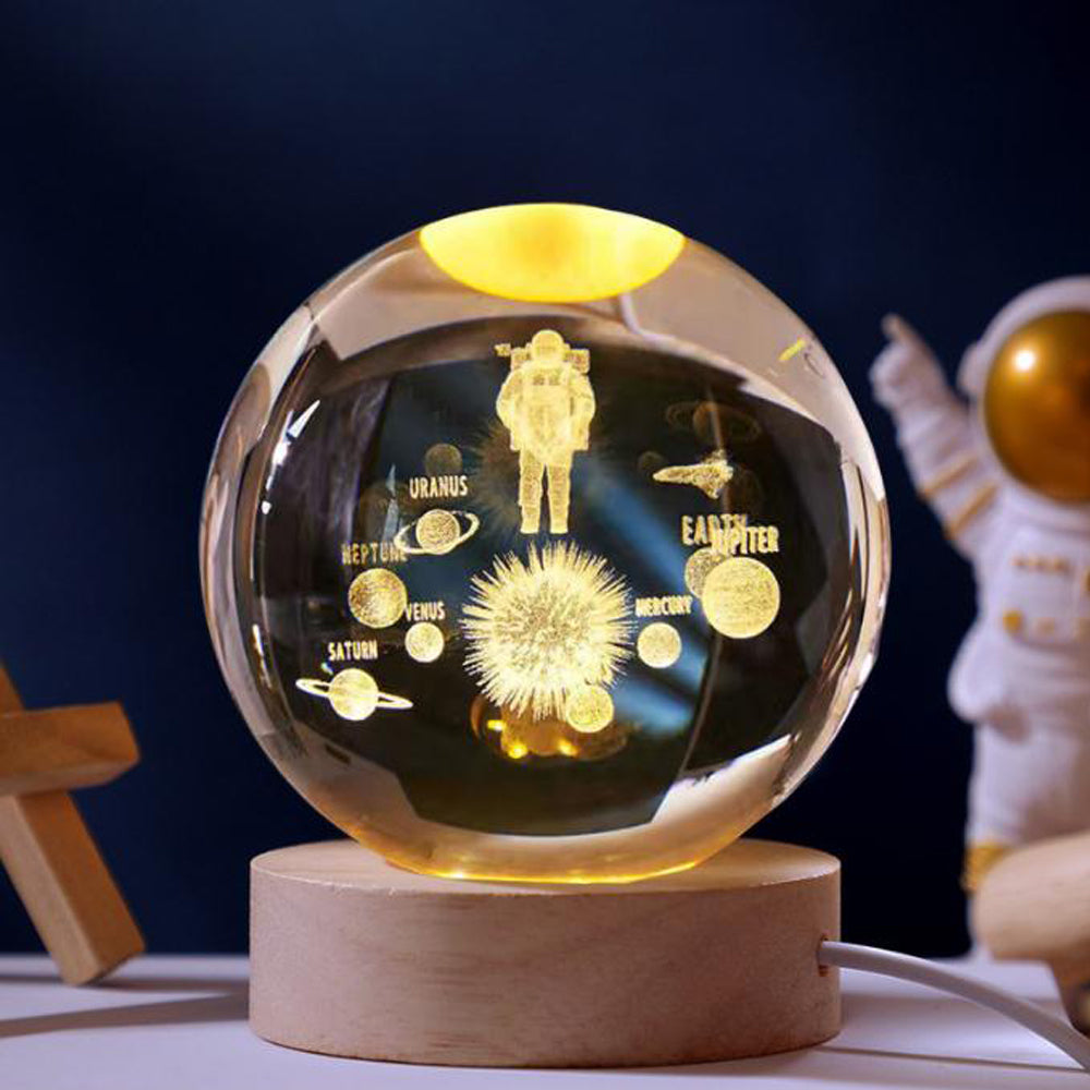 3D Crystal Ball LED Lamp with Wooden Base – Moon, Galaxy, Saturn & Astronaut Designs