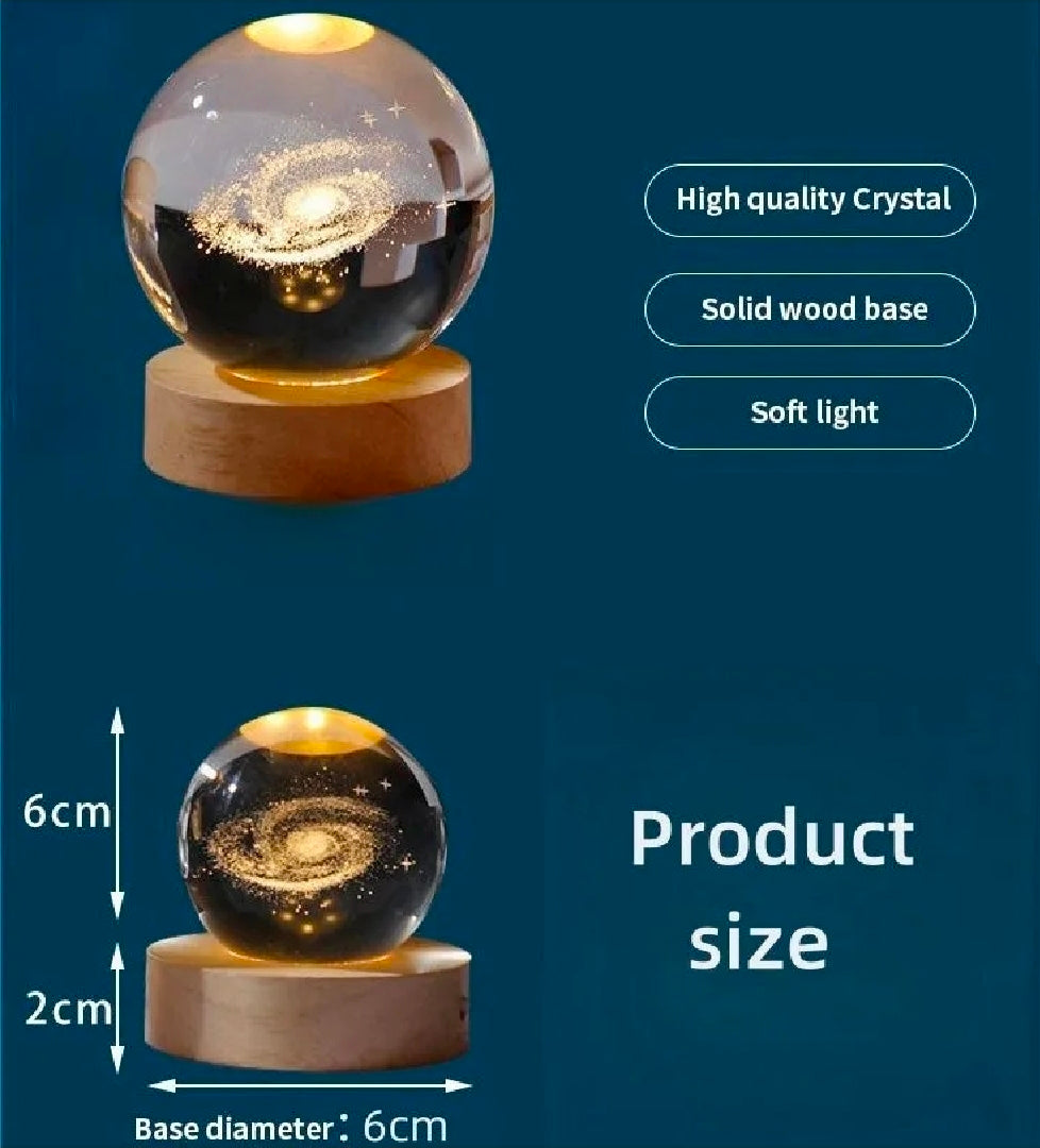3D Crystal Ball LED Lamp with Wooden Base – Moon, Galaxy, Saturn & Astronaut Designs
