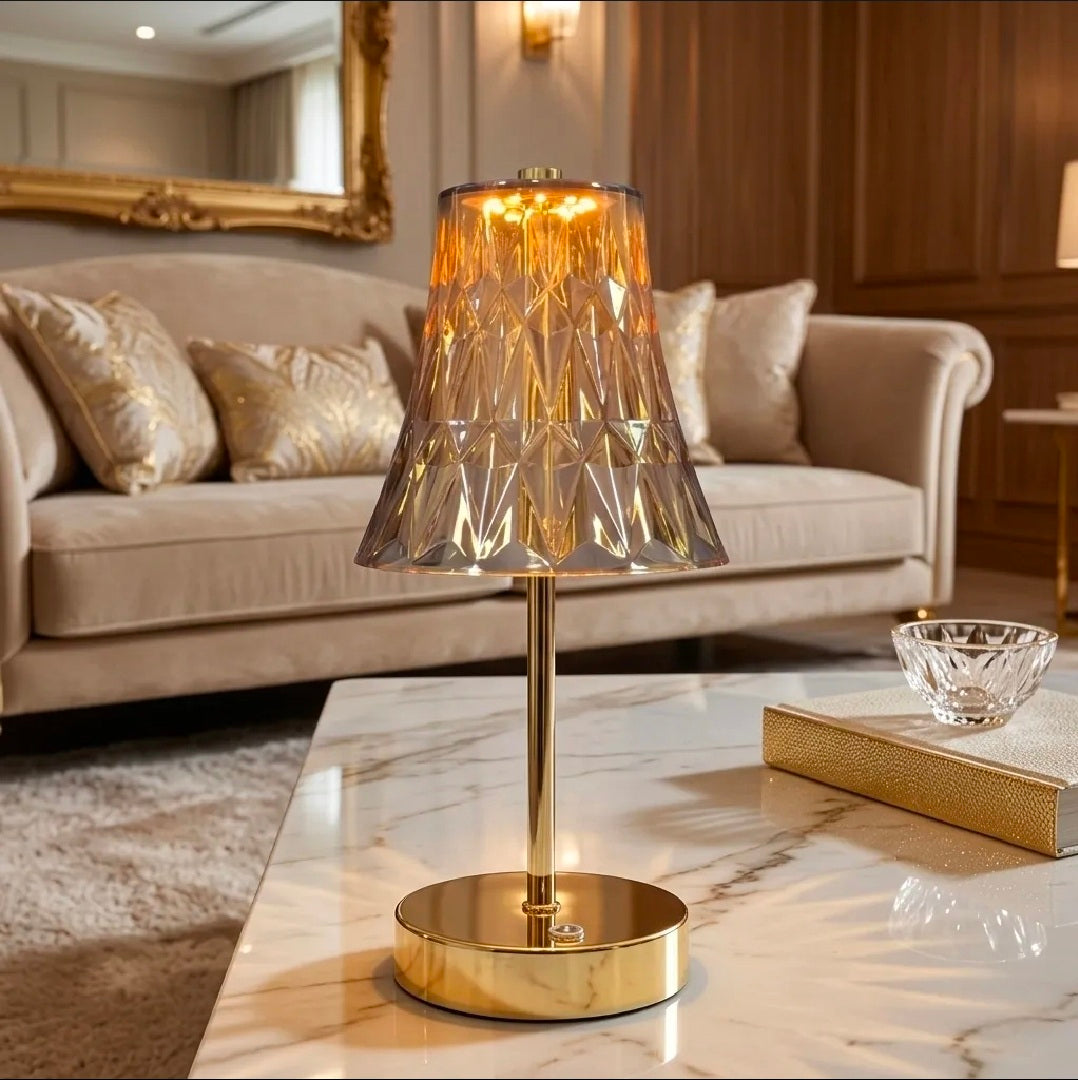 Rechargeable LED Table Lamp with Acrylic Crystal Shade – 3 Color Modes, Elegant Golden Finish
