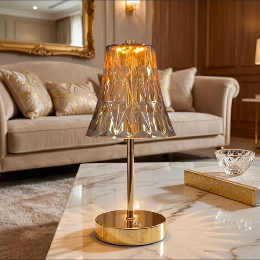 Rechargeable LED Table Lamp with Acrylic Crystal Shade – 3 Color Modes, Elegant Golden Finish